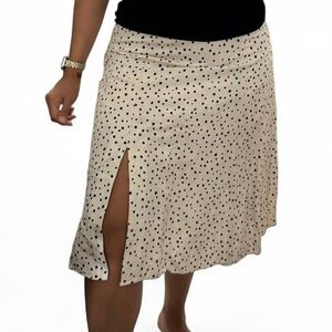LOFT Linen Blend Side Split Polka Dot Midi Skirt Size 4 Ivory and Black